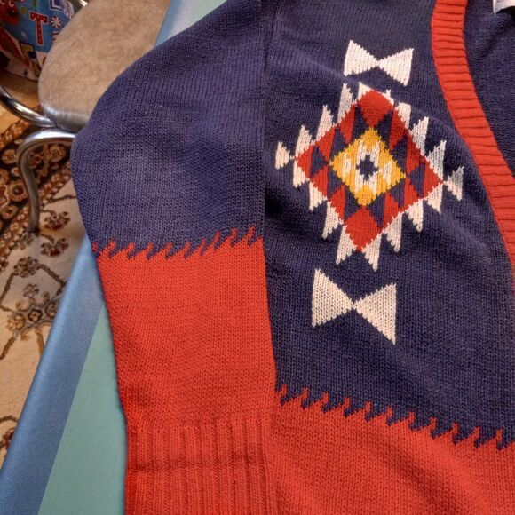 Vintage Oscar de la Renta Sport Blue/Red Southwestern Sweater Cottagecore Chic - Picture 3 of 13